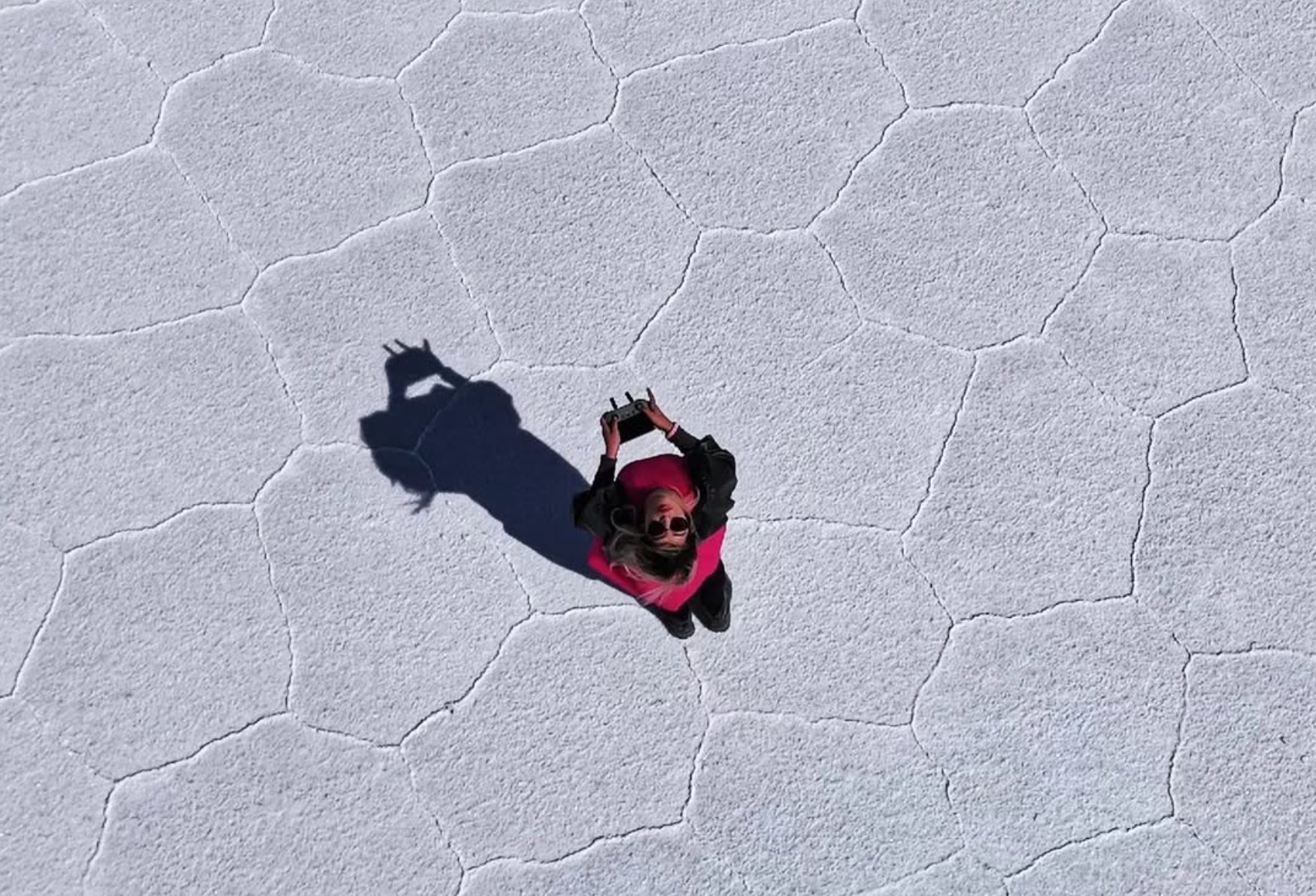 Divya flying drone on Bolivia salt flats